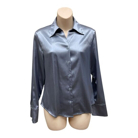 Kasper Charcoal Blazer Trousers Silver Satin Blouse Pantsuit Size 4P Office EUC - Picture 3 of 14